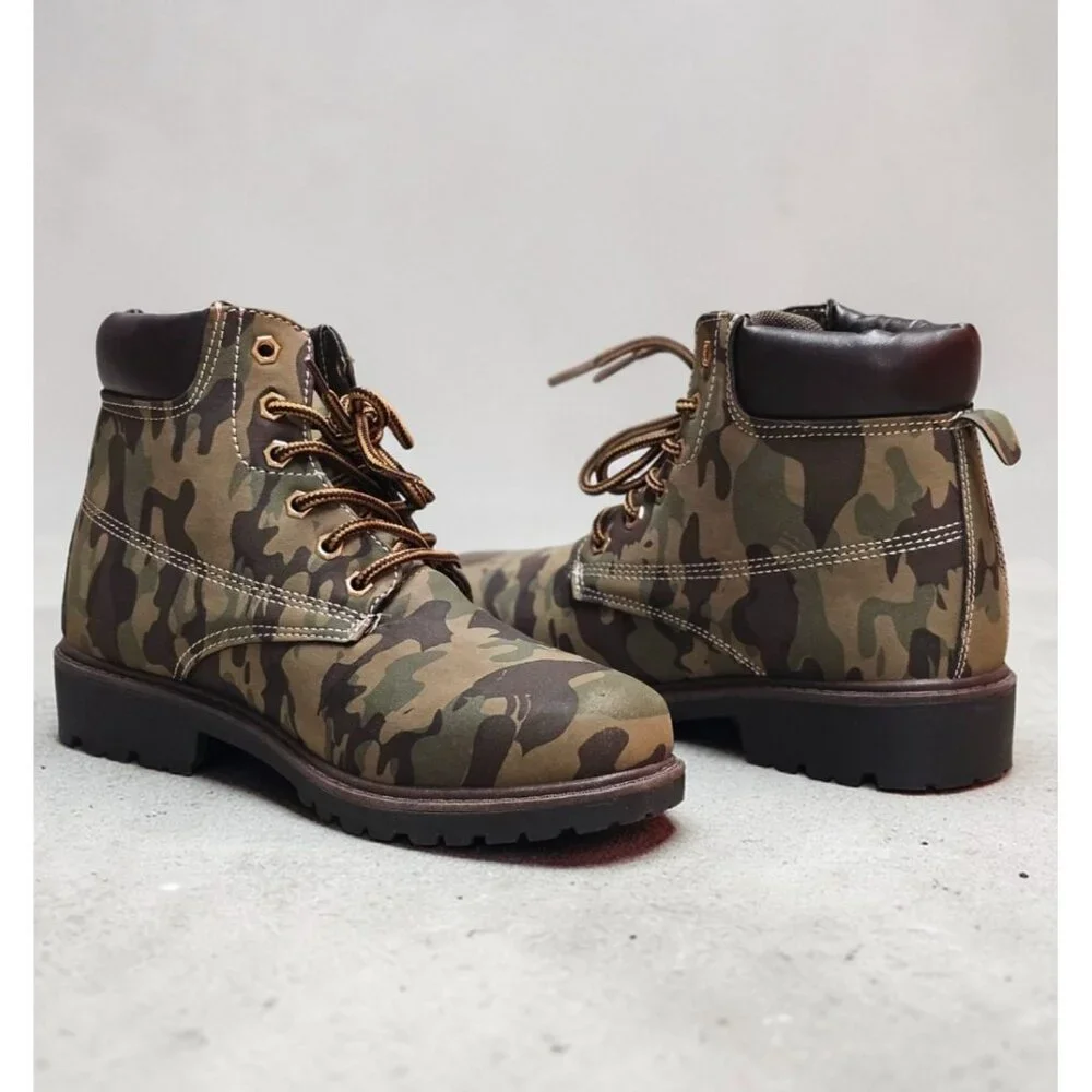 Camouflage Lace-Up Combat Boots With Padded Collar & Rugged Soles For Outdoor We - Picture 2 of 9